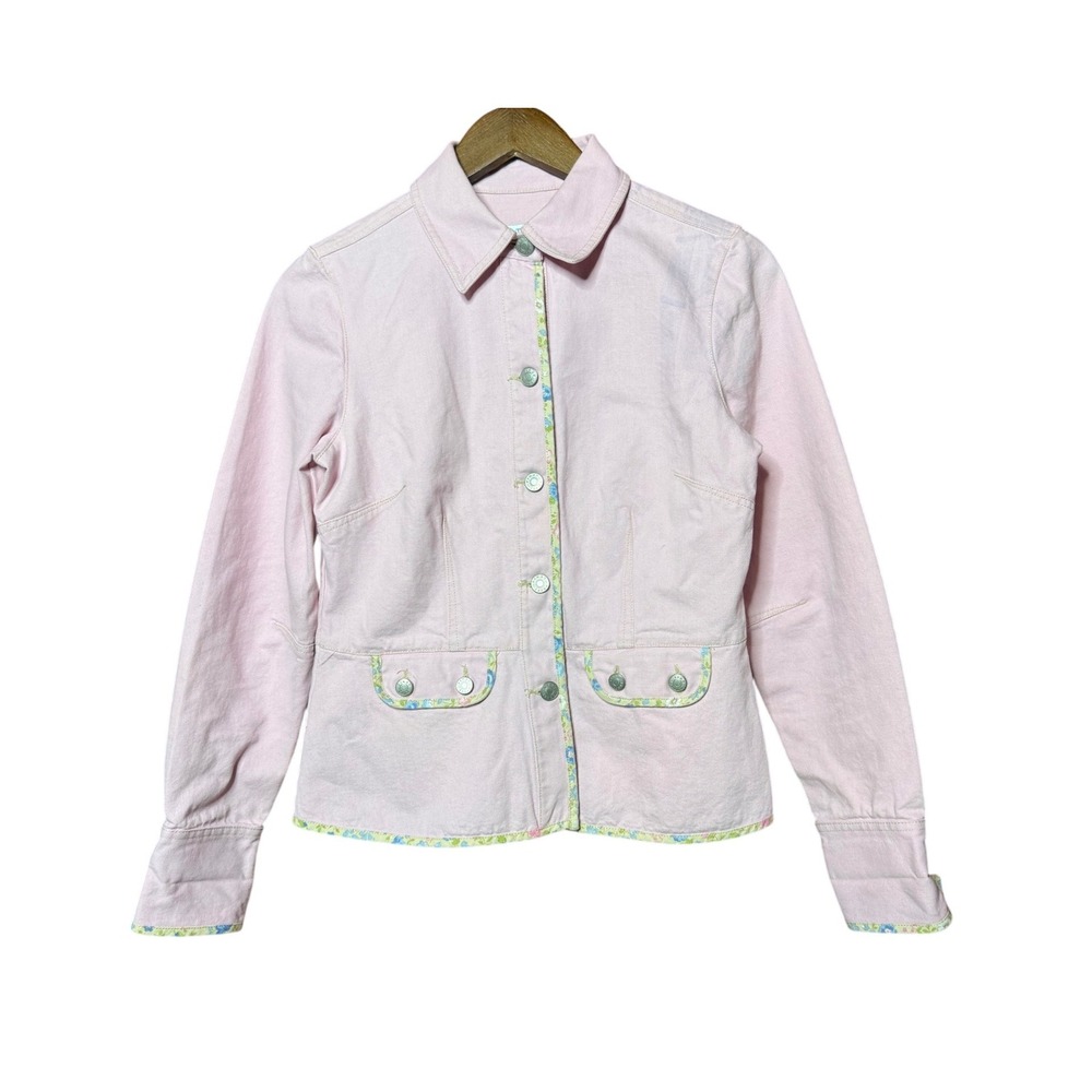 First Issue Liz Claiborne Women Small VTG Style Pink Denim Jacket Floral Trim